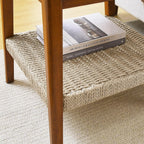 Boho Side Table with Woven Shelf and Storage, Mid-Century Design for Bedside, Living Room, Couch, Patio, Home Office