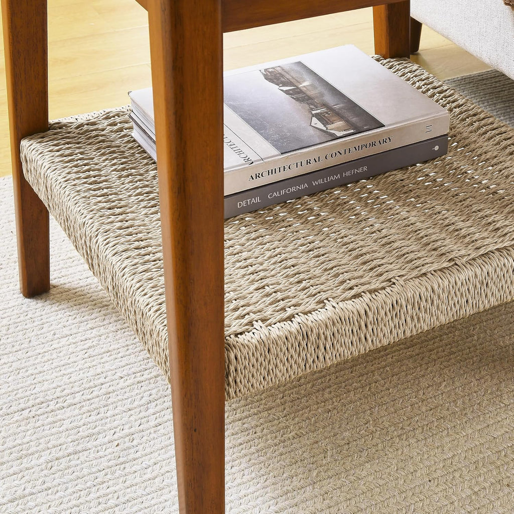 23" Handwoven Storage Corner End Table, Retro End Table with Stable Load-Bearing Design, Decorative Accent Table for Living Room Office, Walnut