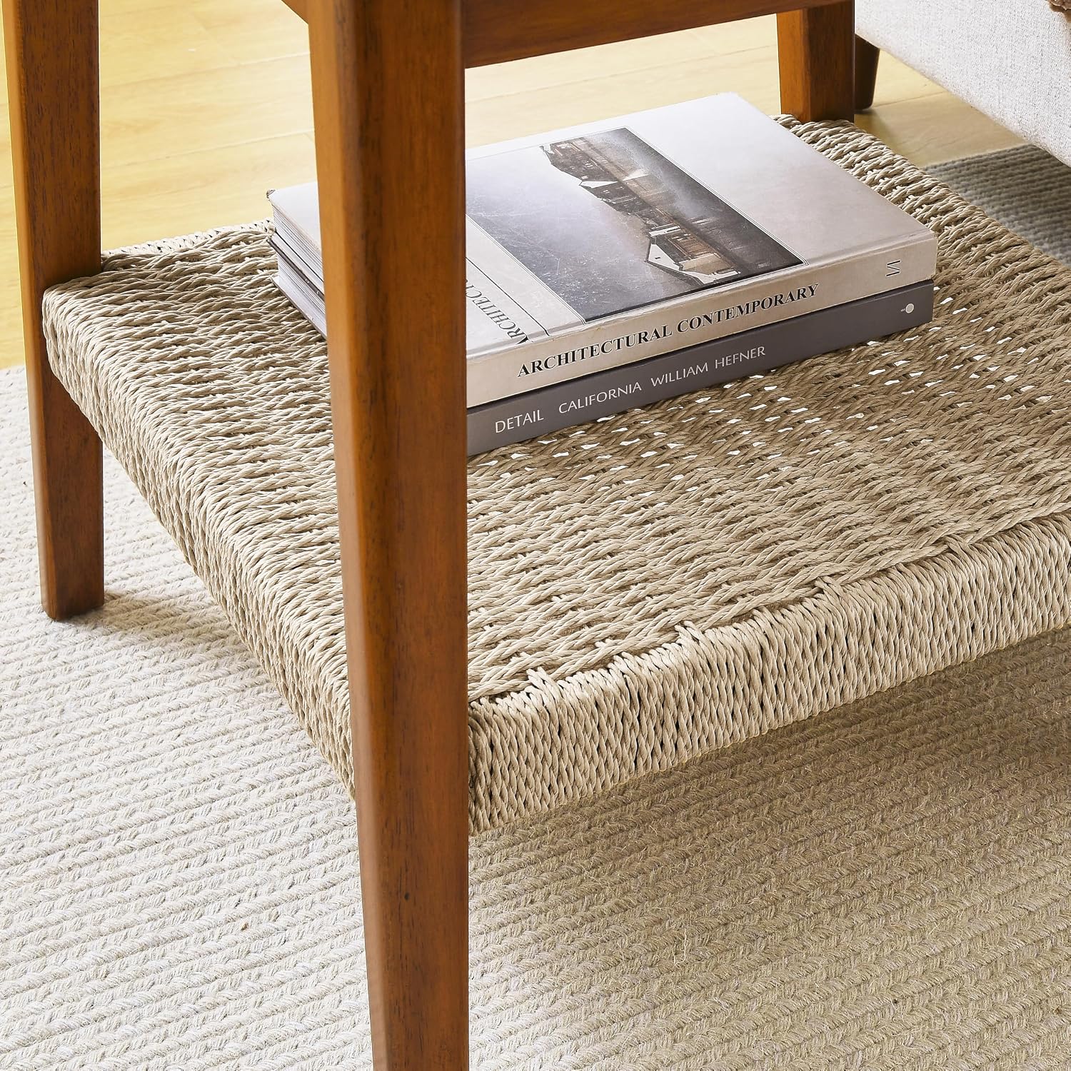 23" Handwoven Storage Corner End Table, Retro End Table with Stable Load-Bearing Design, Decorative Accent Table for Living Room Office, Walnut