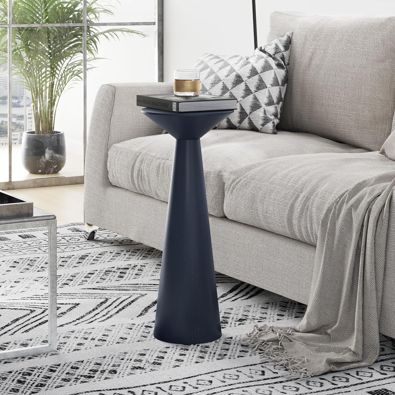 COZAYH Farmhouse Tall Pedestal End Table Small Solid Wood Martini Table Plant Stand Modern Round Drink Table for Small Space Living Room, Dark Blue