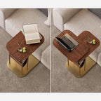 homary C-Shaped Side Table, 360° Rotating End Table with Storage, Walnut & Gold Sofa Table with Magazine Rack, Space-Saving Table for Living Room & Bedroom (Walnut)