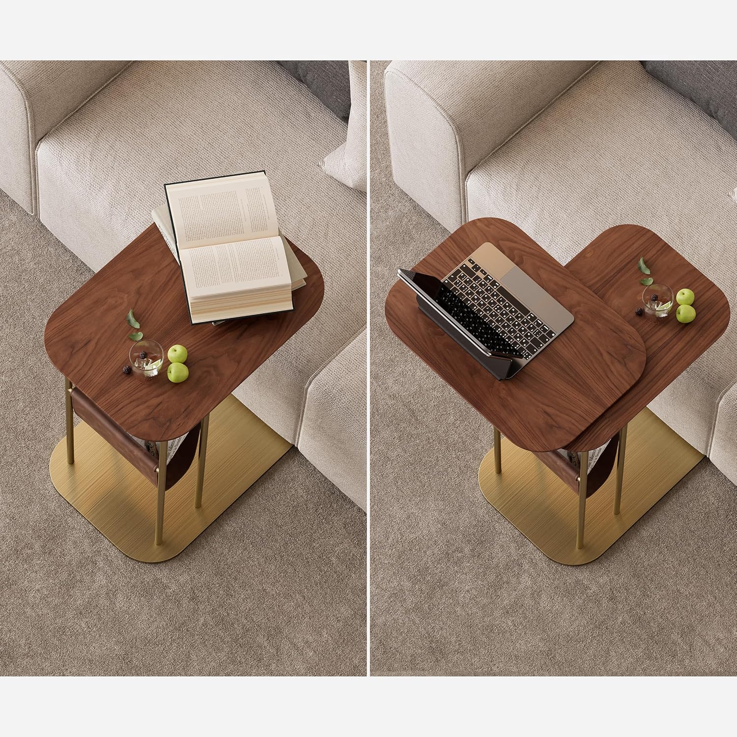 homary C-Shaped Side Table, 360° Rotating End Table with Storage, Walnut & Gold Sofa Table with Magazine Rack, Space-Saving Table for Living Room & Bedroom (Walnut)
