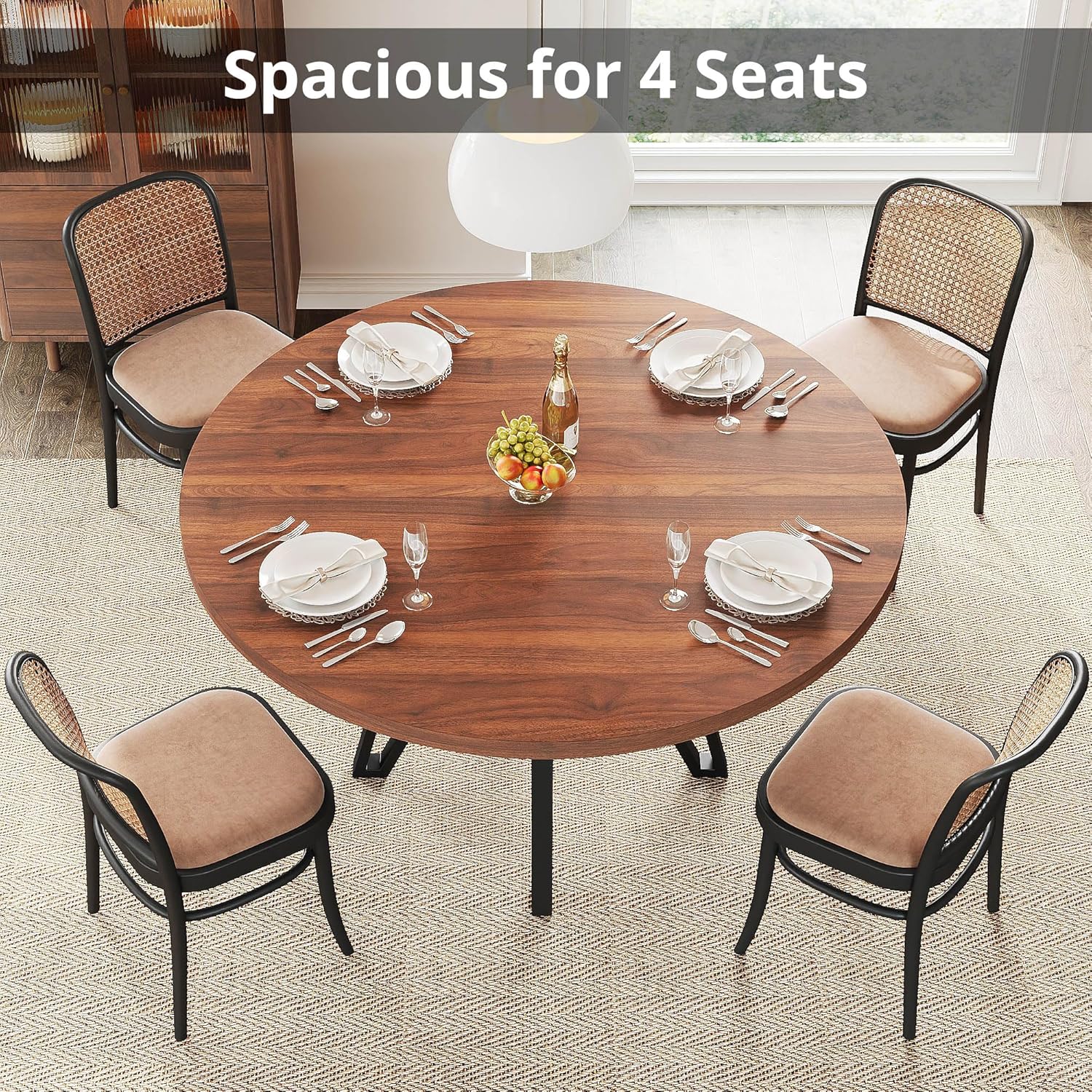 LIKIMIO 47.2" Round Dining Table for 4, Kitchen Table with Rattan Storage Shelf, Space Saving, Farmhouse Wood for Dining Room, Living Room,Walnut
