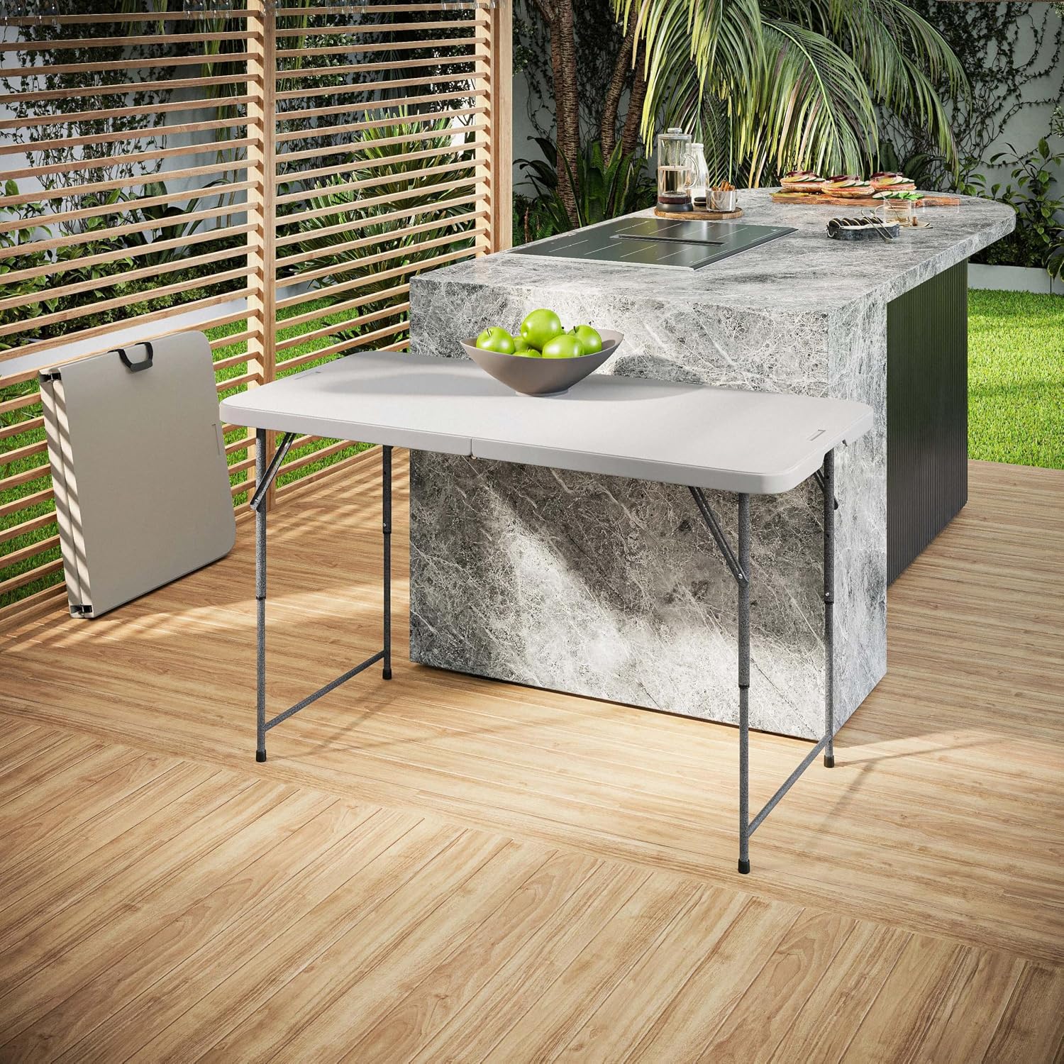 Height Adjustable 4 FT Granite White Folding Table – Premium 4 Foot Folding Table Ideal for Camping, Picnic, Party or as Kids Table