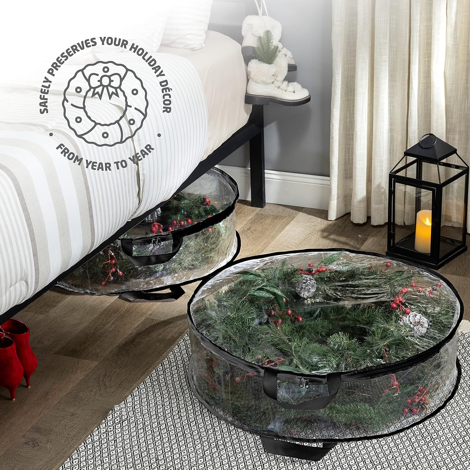 ZOBER 2 Pack Christmas Wreath Storage Container 30 Inch - Wreath Bag for Artificial Wreaths Box - Dual Zippered Wreaths Storage Bag with Durable Stitch Reinforced Handles - Black