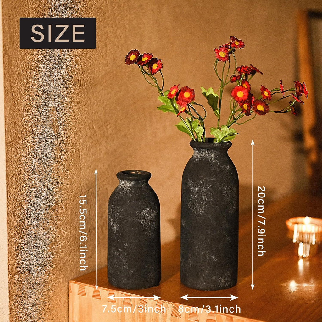 VICTOR & TERESA Black Ceramic Vases Home Decor, Flower Vase Set of 2, Farmhouse Vase for Flowers, Rustic Decorative Vases for Pampas Grass, Table, Living Room, Shelf, Centerpieces, 8 inch