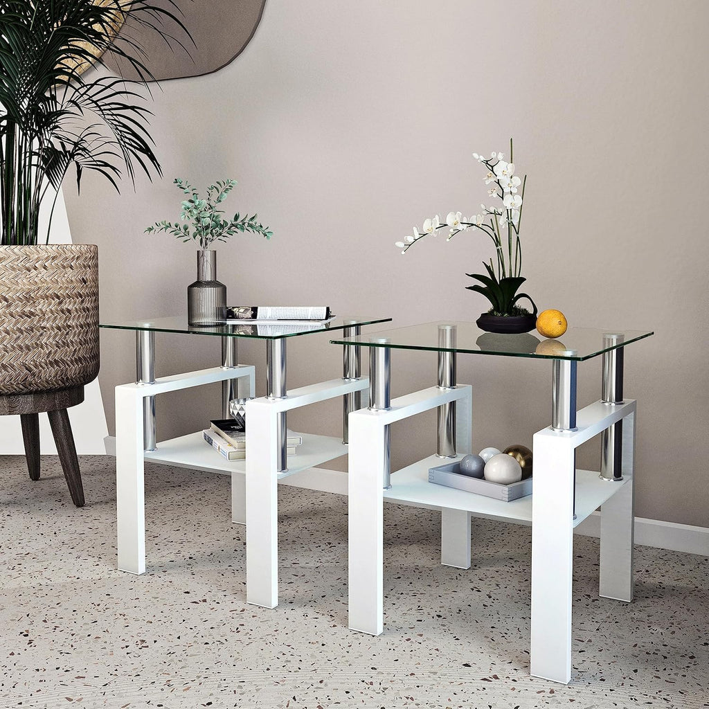 BIGTO 2 Pcs Tempered Glass Side Table, End Table for Living Room, Sofa Table White 17.72''*17.72''*20.5''Living Room Furniture