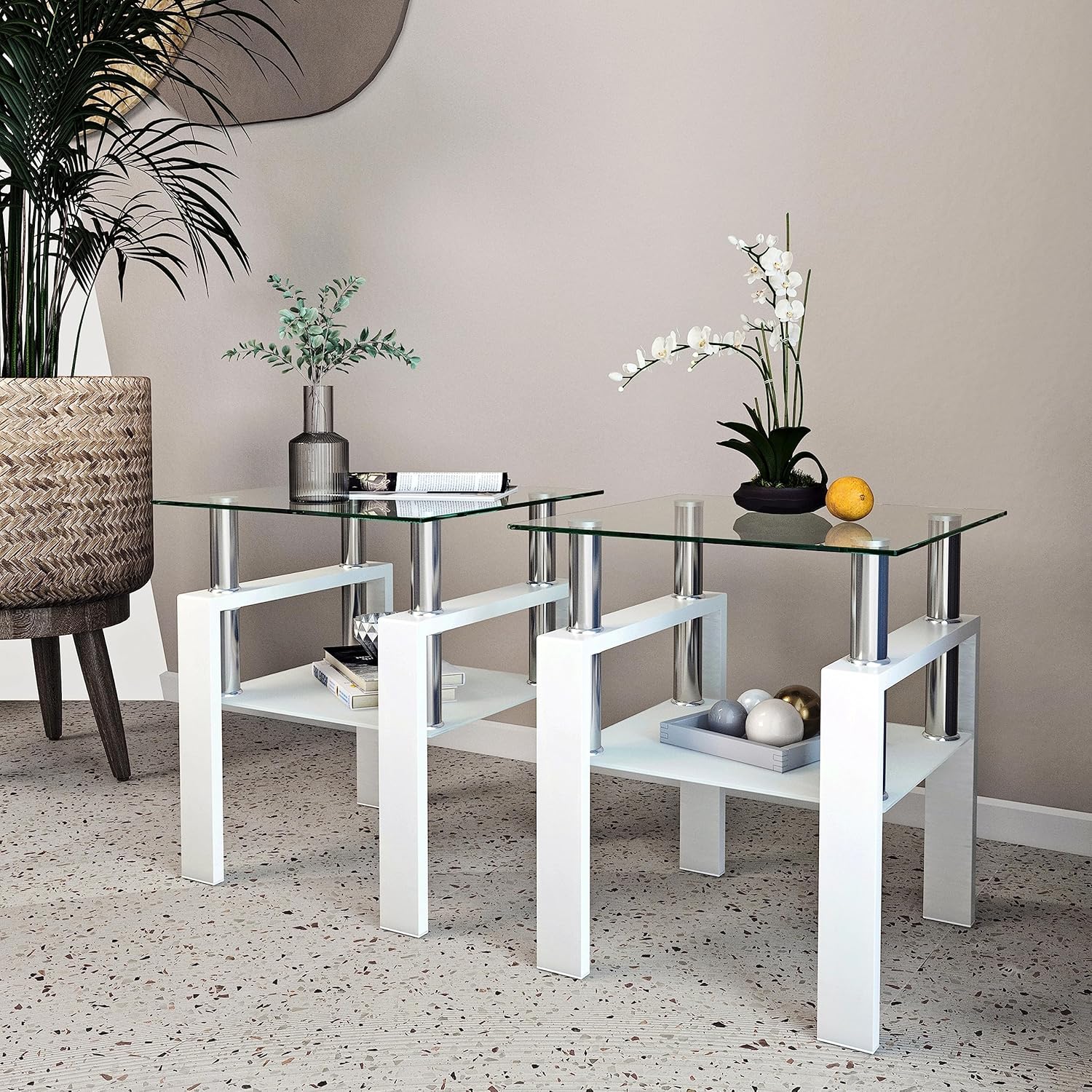 BIGTO 2 Pcs Tempered Glass Side Table, End Table for Living Room, Sofa Table White 17.72''*17.72''*20.5''Living Room Furniture