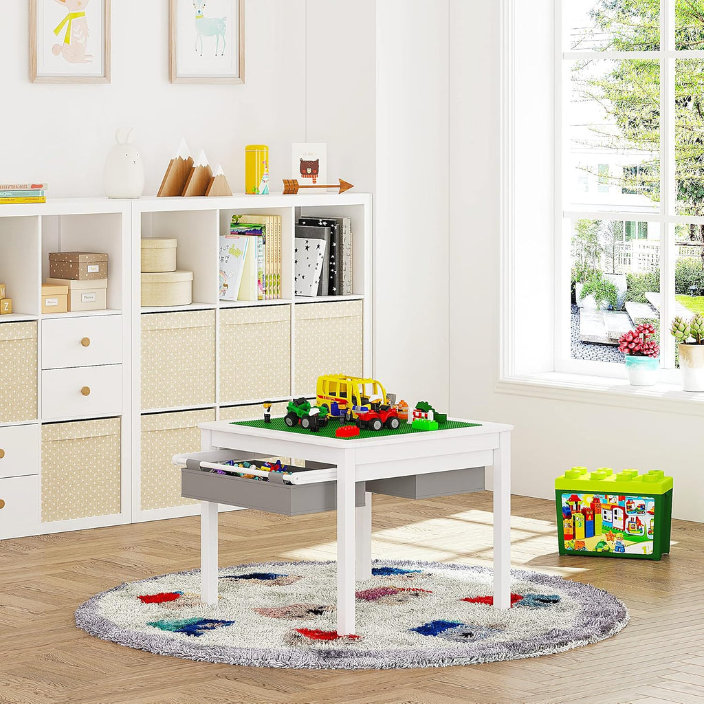 UTEX 2 in 1 Kids Construction Play Table with Storage Drawers and Built in Plate (White)