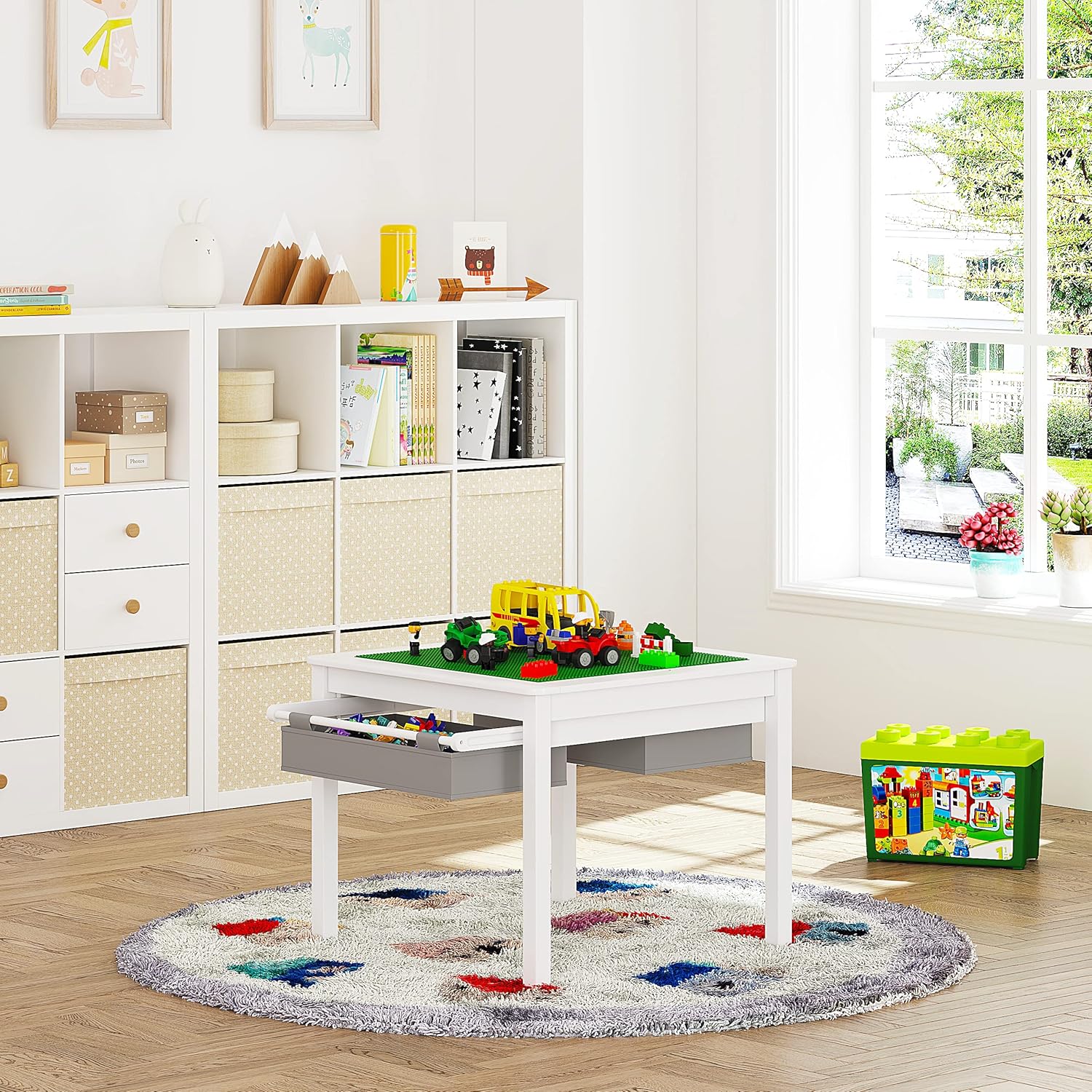 UTEX 2 in 1 Kids Construction Play Table with Storage Drawers and Built in Plate (White)