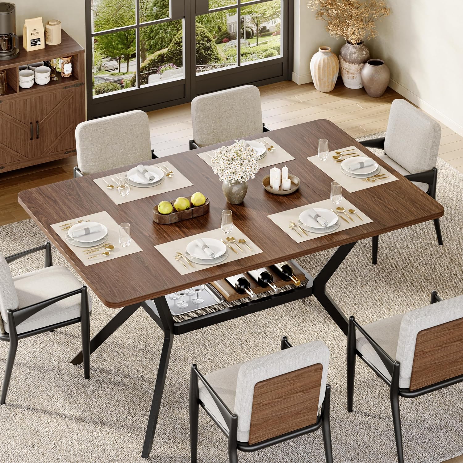55 inch Dining Table for 4-6, Rectangle Kitchen Table with Storage Shelf, Space Saving Modern Farmhouse Design with Sturdy Metal Legs for Dining Room & Small Apartments