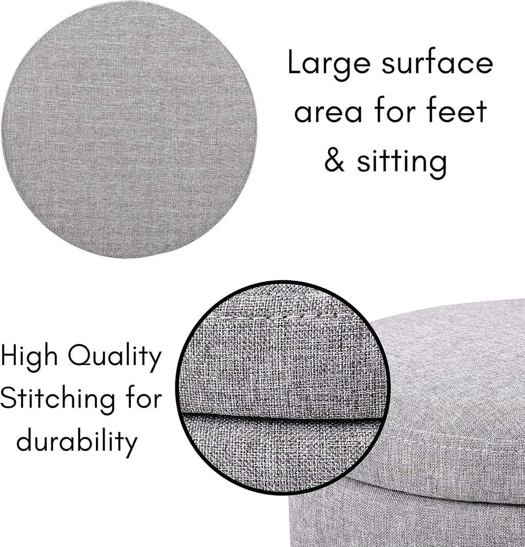 BIRDROCK HOME Grey Linen Storage Stool Ottoman w/Black Metal Leg Base, Soft Compact Padded Seat Footrest, Small Footstool for Living Room Seating, Office, Dorm, Vanity Chair, Bedroom, Couch, Desk