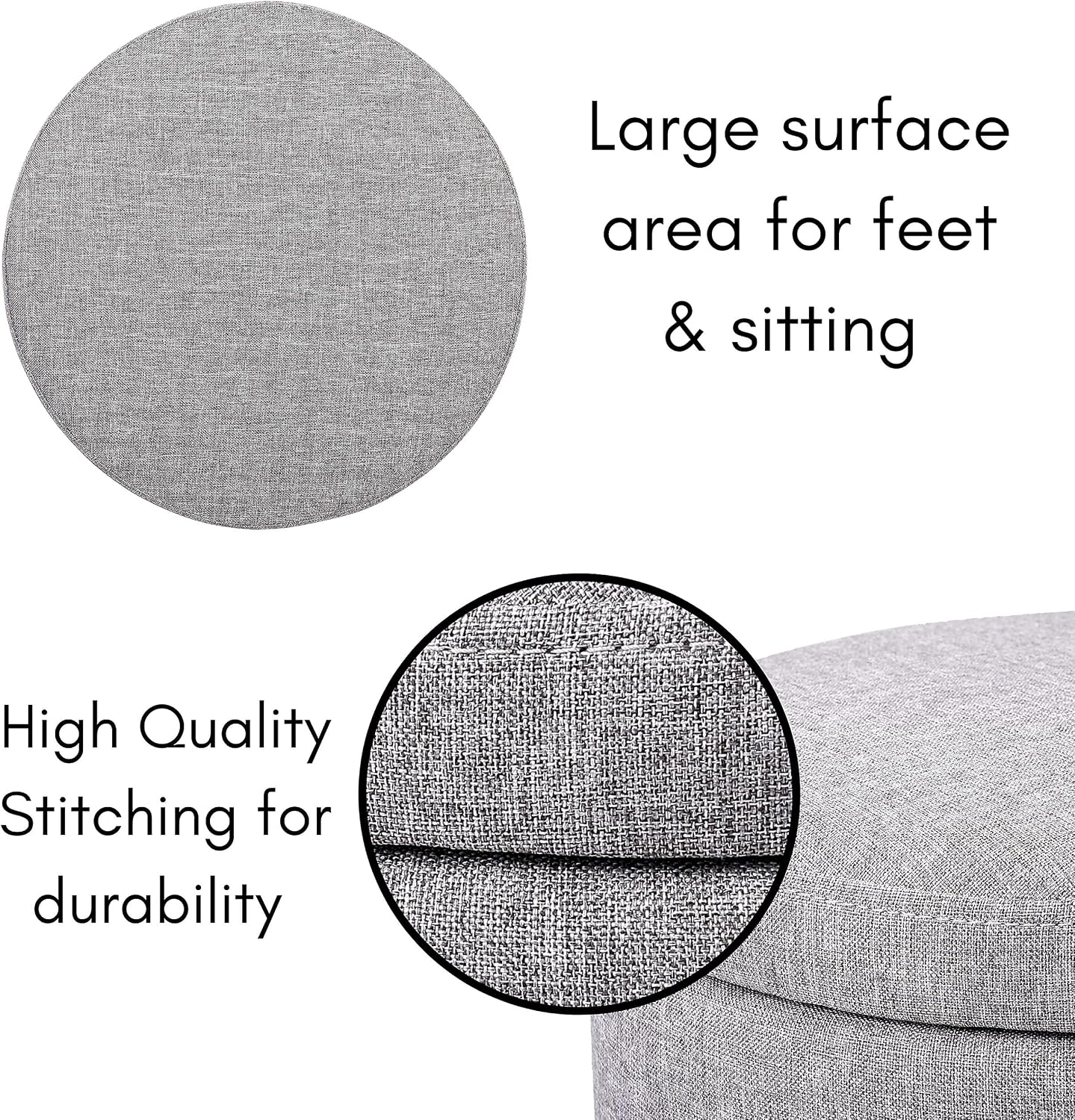 BIRDROCK HOME Grey Linen Storage Stool Ottoman w/Black Metal Leg Base, Soft Compact Padded Seat Footrest, Small Footstool for Living Room Seating, Office, Dorm, Vanity Chair, Bedroom, Couch, Desk