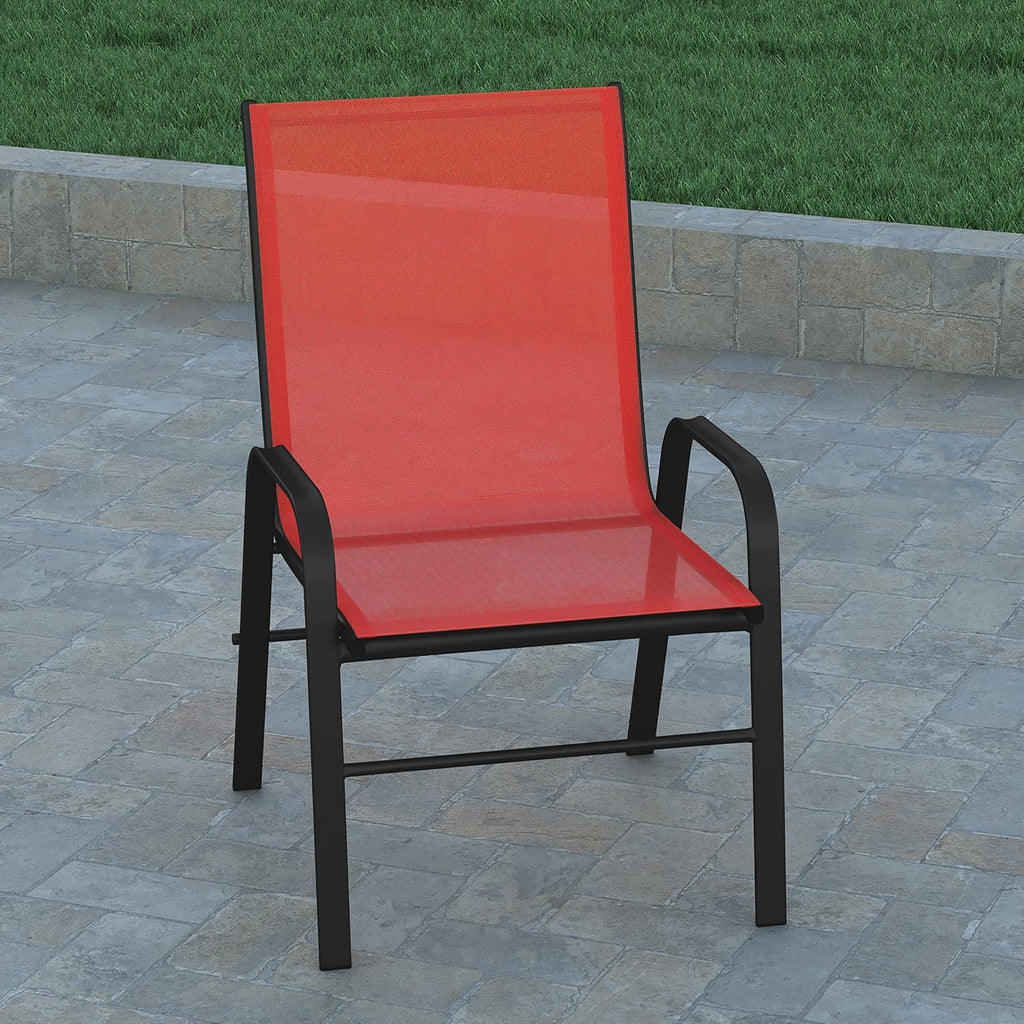 EMMA + OLIVER Alsek Patio Barstools - Powder Coated Steel Frames - Red Textilene Seats - Improved Air Circulation - Integrated Footrests - Set of 4