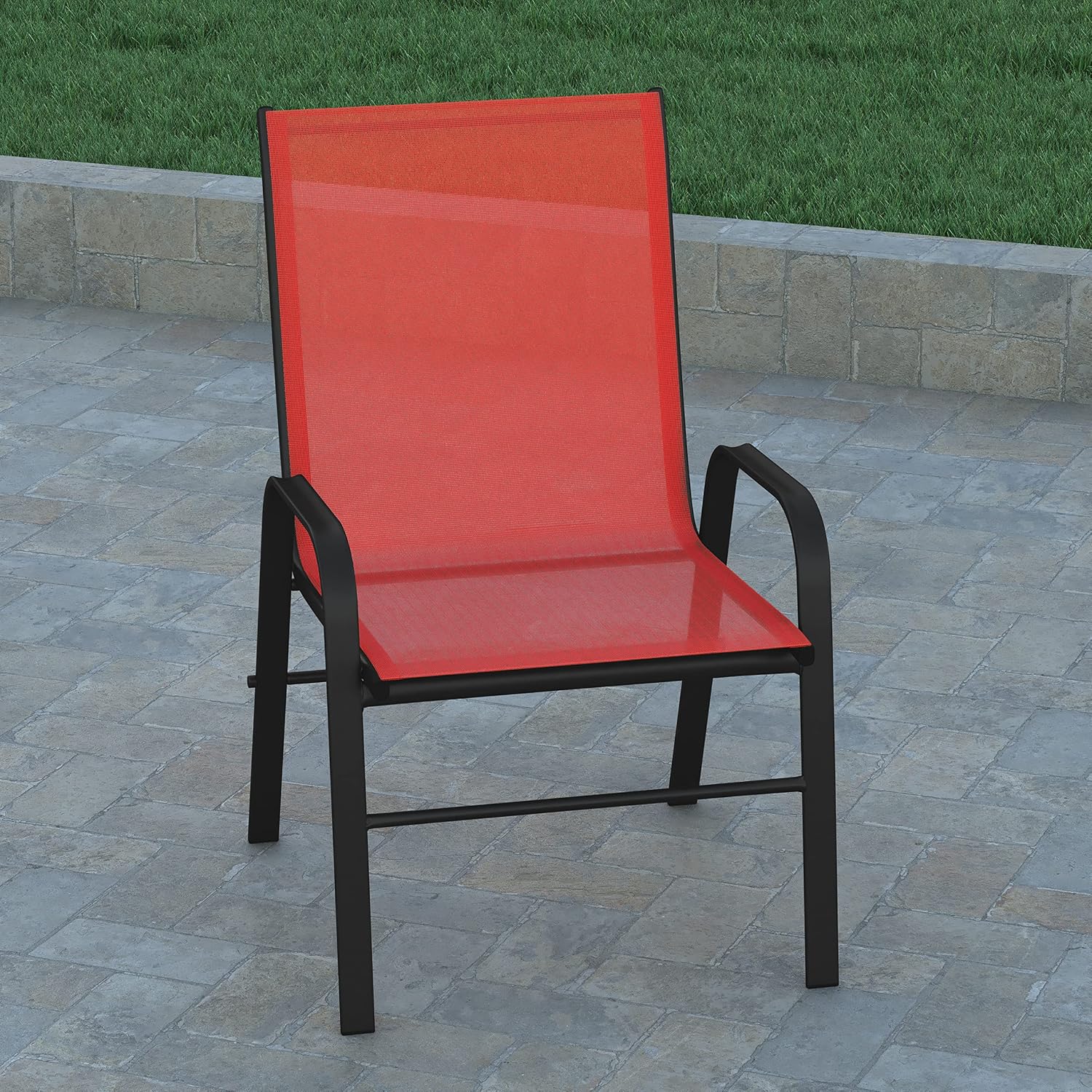 EMMA + OLIVER Alsek Patio Barstools - Powder Coated Steel Frames - Red Textilene Seats - Improved Air Circulation - Integrated Footrests - Set of 4