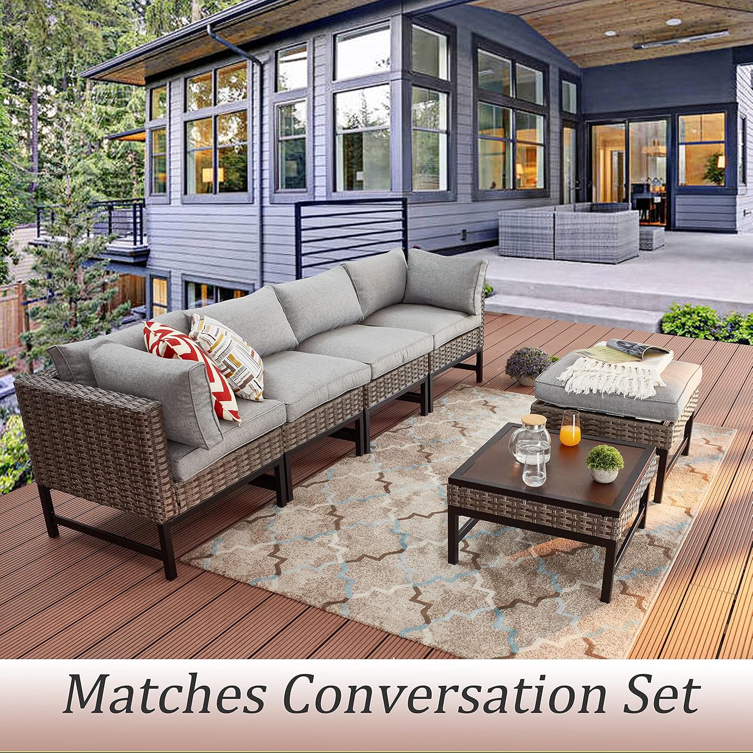Outdoor Patio Ottoman with Cushion All Weather Wicker Footrest Rattan Furniture Square Footstool Seat with Metal Frame for Deck Yard Lawn