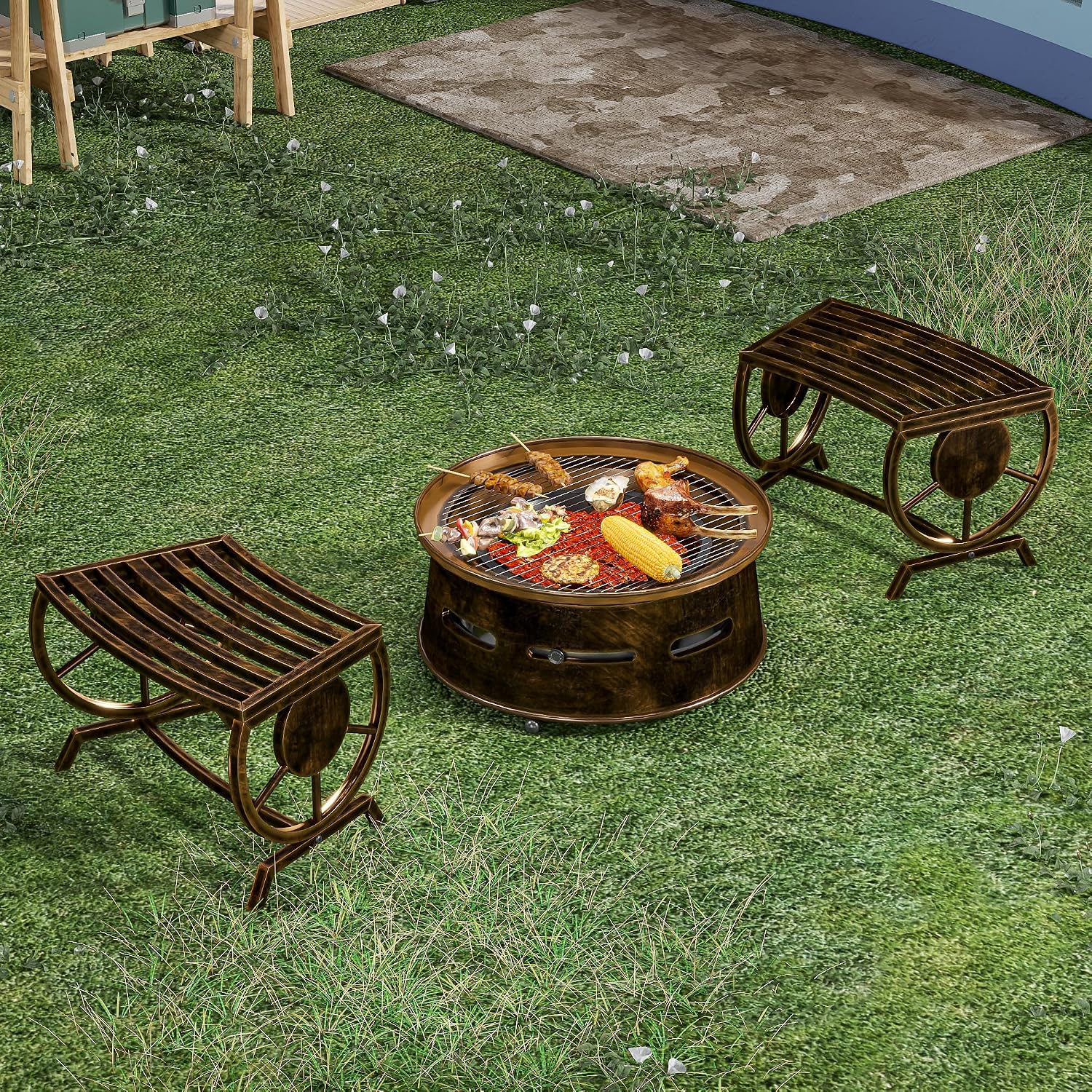 Outdoor Bench Patio Outdoor Garden Bench with Built-in Table, Wagon Wheel Arms, 3 People Outdoor Bench Garden Bench Front Porch Furniture (Bronze-22.83inch-2Pieces)