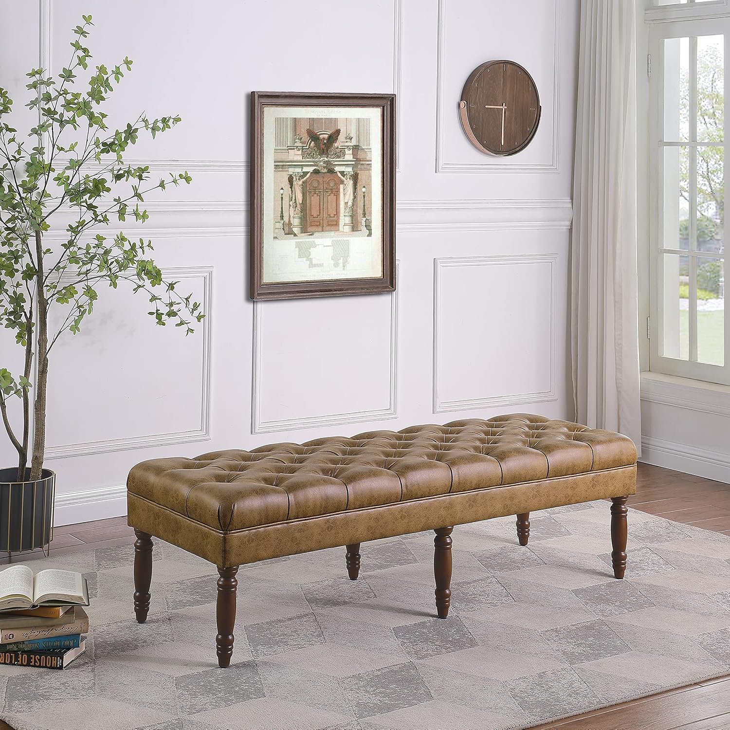 HomePop Tufted Decorative Bench, Light Brown Leather Large