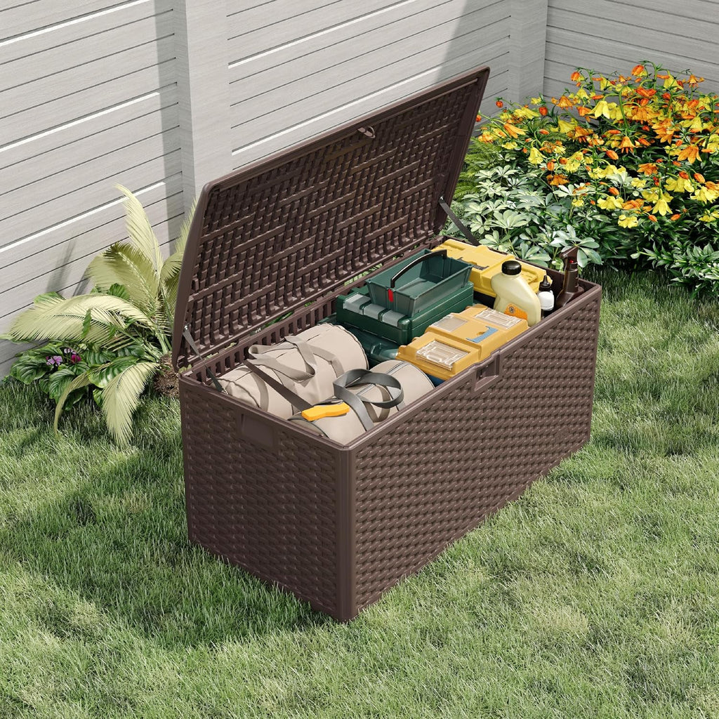 Takywep 99 Gallon Resin Wicker Outdoor Storage Deck Box, Waterproof UV Resistant Patio Storage Bench with Lockable Lid, Easy Assemble Outside Pool Garden Container in Brown Black Whiteer Style