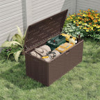 Takywep 99 Gallon Resin Wicker Outdoor Storage Deck Box, Waterproof UV Resistant Patio Storage Bench with Lockable Lid, Easy Assemble Outside Pool Garden Container in Brown Black Whiteer Style