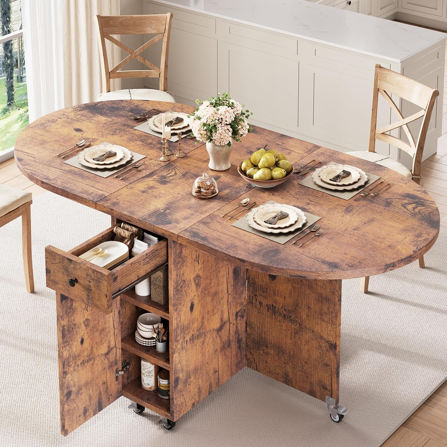 Jocoevol Round Folding Dining Table for 4, Space Saving Drop Leaf Kitchen Table with Storage Drawer, 6 Wheels Oval Gateleg Foldable Dining Table for Small Spaces(Vintage 47 * 23.6 * 30)