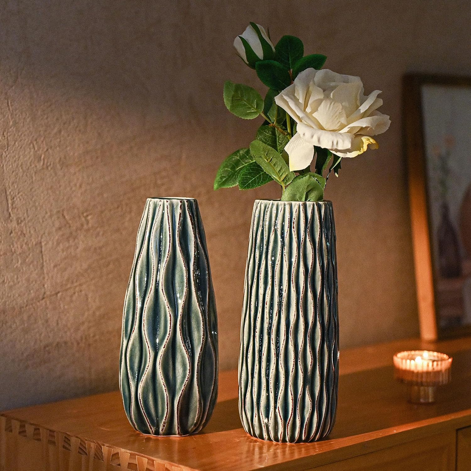VICTOR & TERESA Ceramic Vase for Flowers, 10'' Set of 2 Decorative Blue Vases for Home Decor, Farmhouse Vases for Pampas Grass, Table, Mantel, Living Room, Shelf, Centerpieces, Gifts for Mom