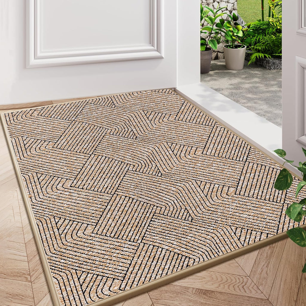 Indoor Door Mat 17"x30", Low-Profile Thin Welcome Front Door Mat Indoor Entrance, Non Slip Rubber Backing Inside Doormat Washable Entryway Dirt Resistant & Absorbent Entry Mat, Light-Brown