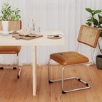 Rattan Dining Chairs Set of 2 Mid Century Modern Kitchen Chairs with Natural Rattan Backrest Oak Frame and Upholstered Pu Seat Chairs with Metal Legs