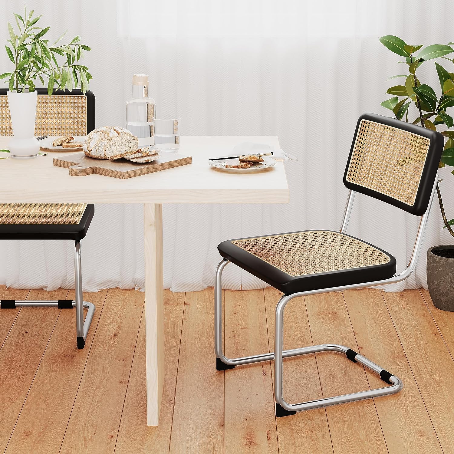 Rattan Dining Chairs Set of 2 Mid Century Modern Dining Room Chairs with Natural Rattan Woven Backrest and Seat Upholstered Kitchen Armless Side Chairs with Metal Legs, Black