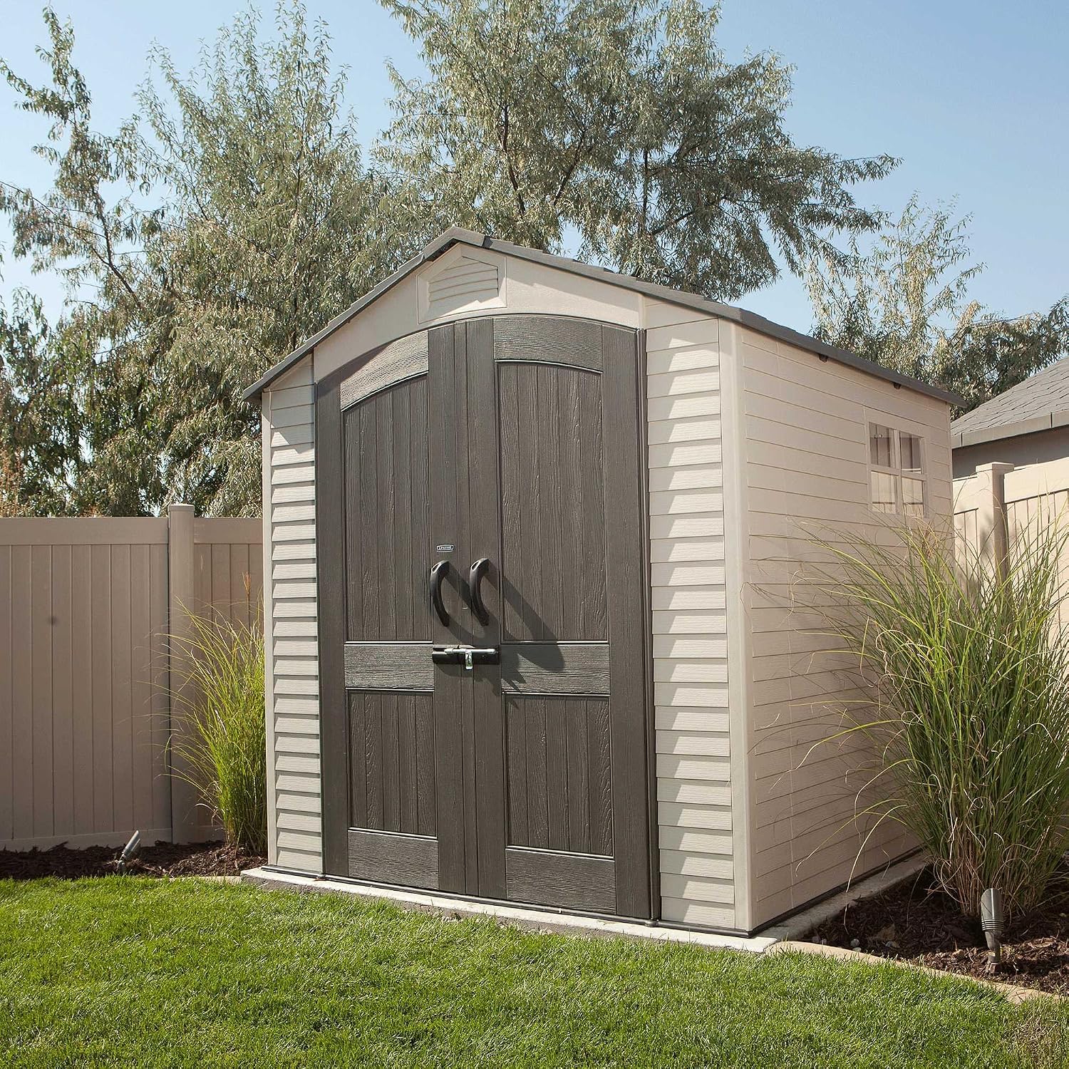 Lifetime 7' x 7' Outdoor Storage Shed with High-Density Polyethylene, Steel-Reinforced, Desert Sand