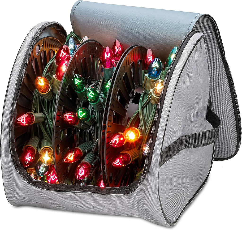 Premium Christmas Light Storage Bag – Heavy-Duty 600D Tear-Proof Material with Reinforced Handles – Includes 3 Reels, Stores up to 375 Ft of Mini Lights & Extension Cords – Grey with PVC Lining
