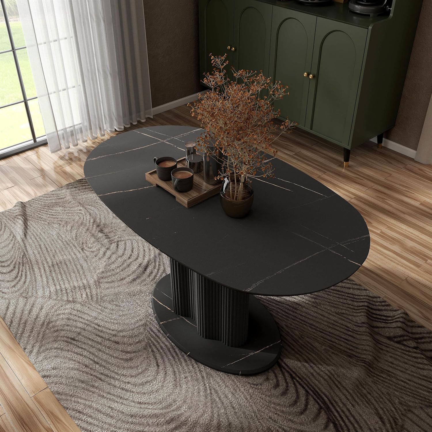 Homes: Inside + Out Elara Modern 54-inch Oval Dining Table with Fluted Pedestal Base, Seats up to 4, for Home Kitchen, Living Room, Black