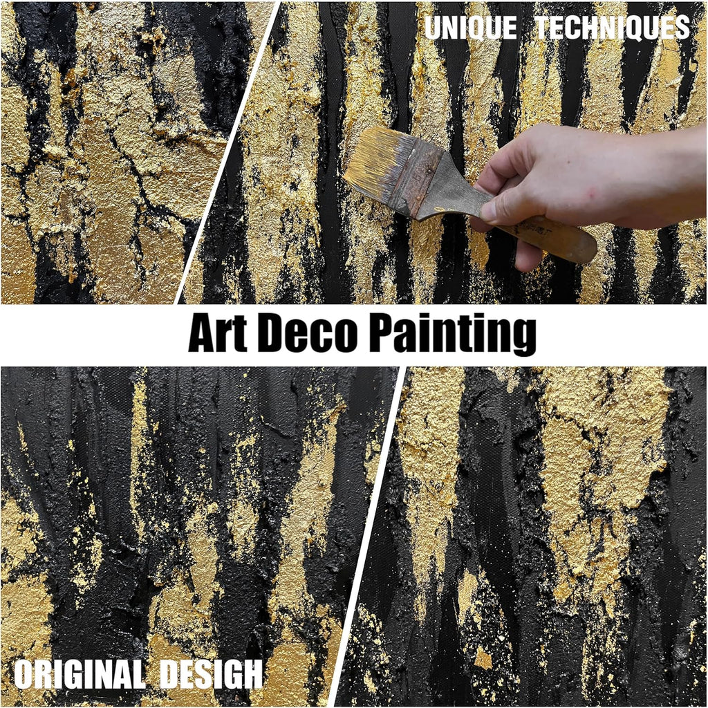 Large Hand Painted 3D Canvas Wall Art for Living Room, Neutral Abstract Black and Gold Texture Minimalismt Painting Handmade Picture Artwork Wall-Decor for Bedroom Home Decoration, Size 40x20 inches