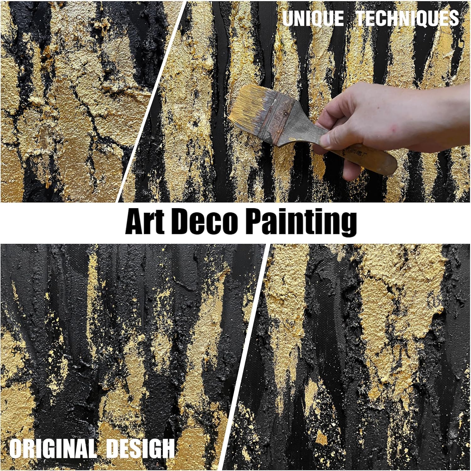 Large Hand Painted 3D Canvas Wall Art for Living Room, Neutral Abstract Black and Gold Texture Minimalismt Painting Handmade Picture Artwork Wall-Decor for Bedroom Home Decoration, Size 40x20 inches