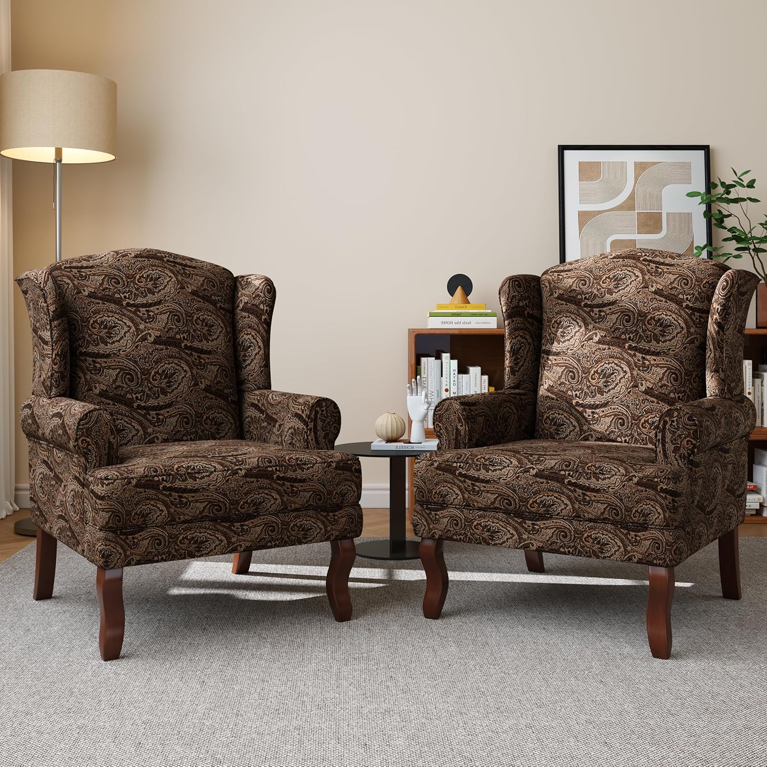 High Back Accent Chair, Floral Upholstered Armchair Retro Arm Club Chair in Fabric with Solid Wood Legs, Comfy Single Sofa Reading Seat for Living Room Bedroom Dorm - Brown Cranberry