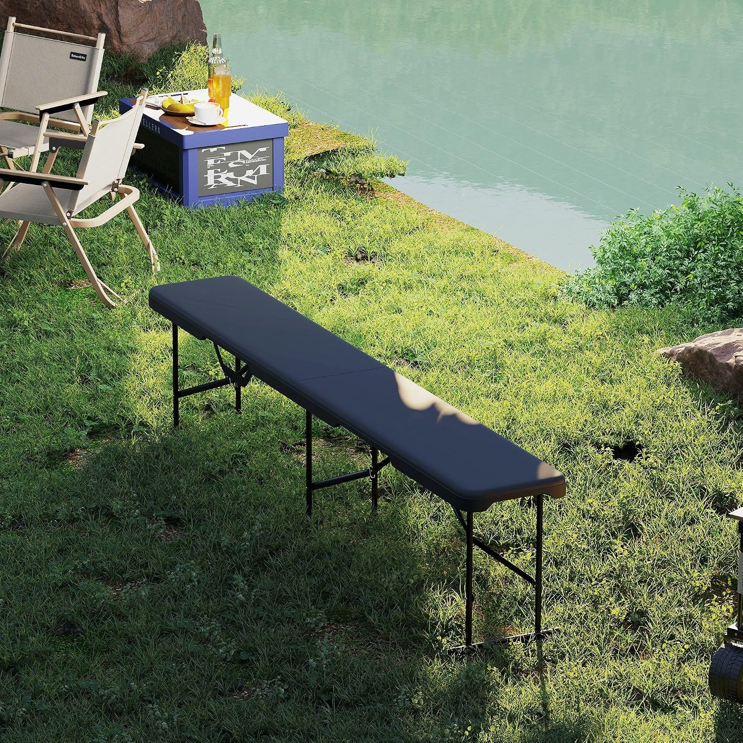 2-Pack 6ft Folding Camping Benches: HDPE Top, Powder-Coated FFor rame, 529lb Capacity, Non-Slip Pads, Carry Handle, Black