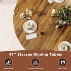 47 Inch Round Dining Table with Storage, 2-Layer Shelf & Wood Slide Door, Farmhouse Style, Waterproof Top, 330 lbs Capacity, for 4-6 Person, Easy Assembly, Walnut