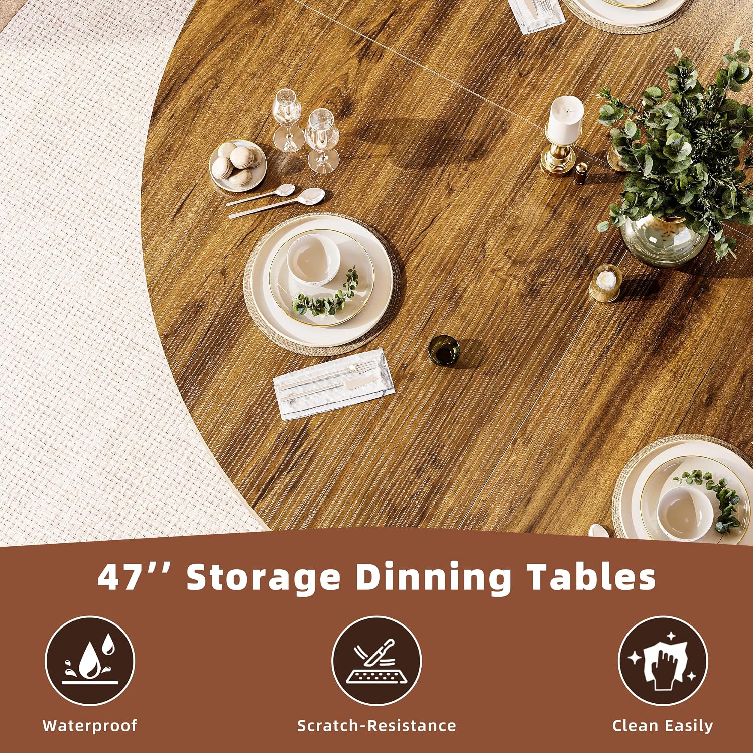 47 Inch Round Dining Table with Storage, 2-Layer Shelf & Wood Slide Door, Farmhouse Style, Waterproof Top, 330 lbs Capacity, for 4-6 Person, Easy Assembly, Walnut