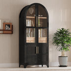Modern 71" Tall Arched Kitchen Pantry with Door Shelves,Storage Cabinets with Open & Adjustable Shelves,Hidden Drawer & Glass Door,for Kitchens Dining Room (Black#Glass)