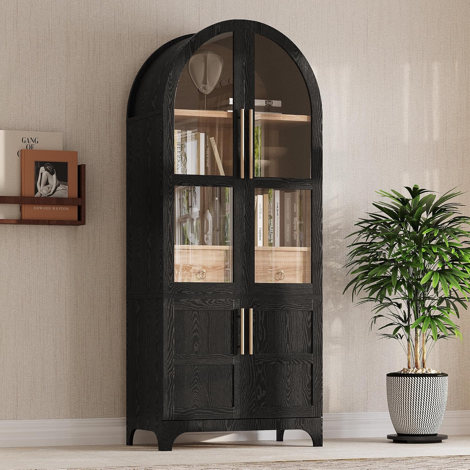 Modern 71" Tall Arched Kitchen Pantry with Door Shelves,Storage Cabinets with Open & Adjustable Shelves,Hidden Drawer & Glass Door,for Kitchens Dining Room (Black#Glass)