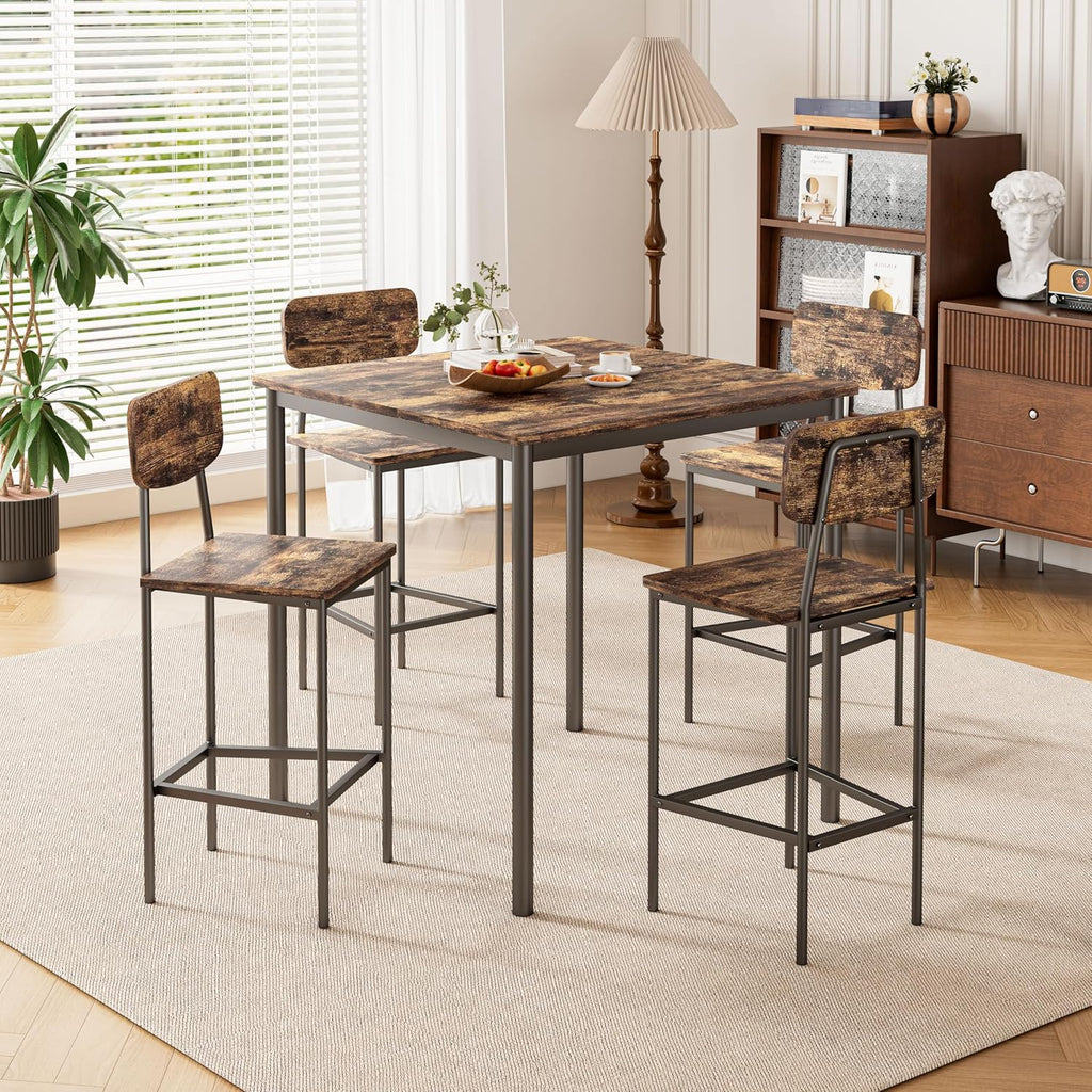 Kitchen Table and Chairs of 4, 5 Piece Dining Table Set, Sturdy Industrial Space Saving Dinette Set for Pub, Family Dinners, Apartment, Rustic Brown