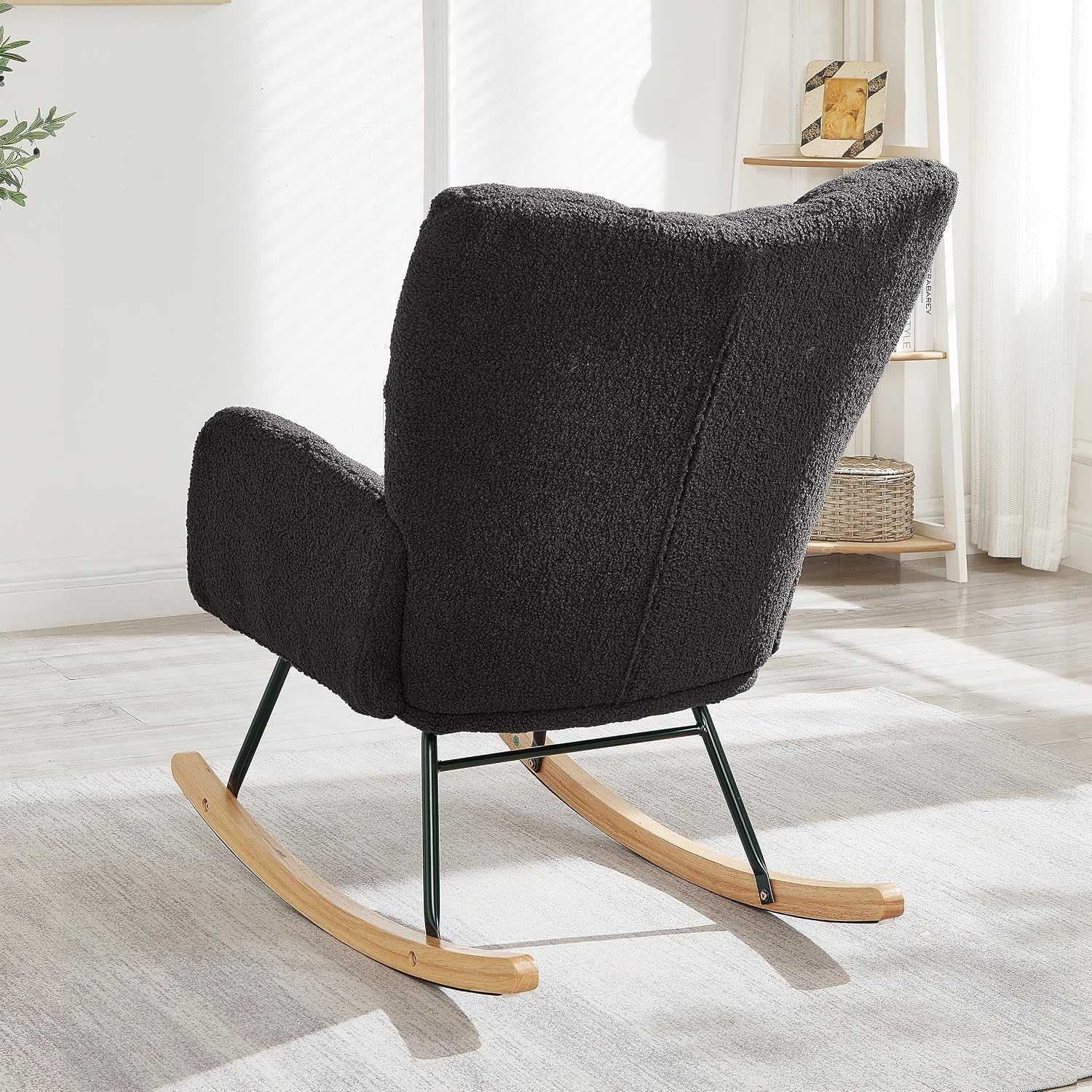 Teddy Fabric Glider Chair, 300 lbs Capacity Upholstered Rocking Chair with Metal Frame, Ergonomic High Back Accent Chair for Living Room and Bedroom, Soft Tufted Lounge Chair (Dark Gray)