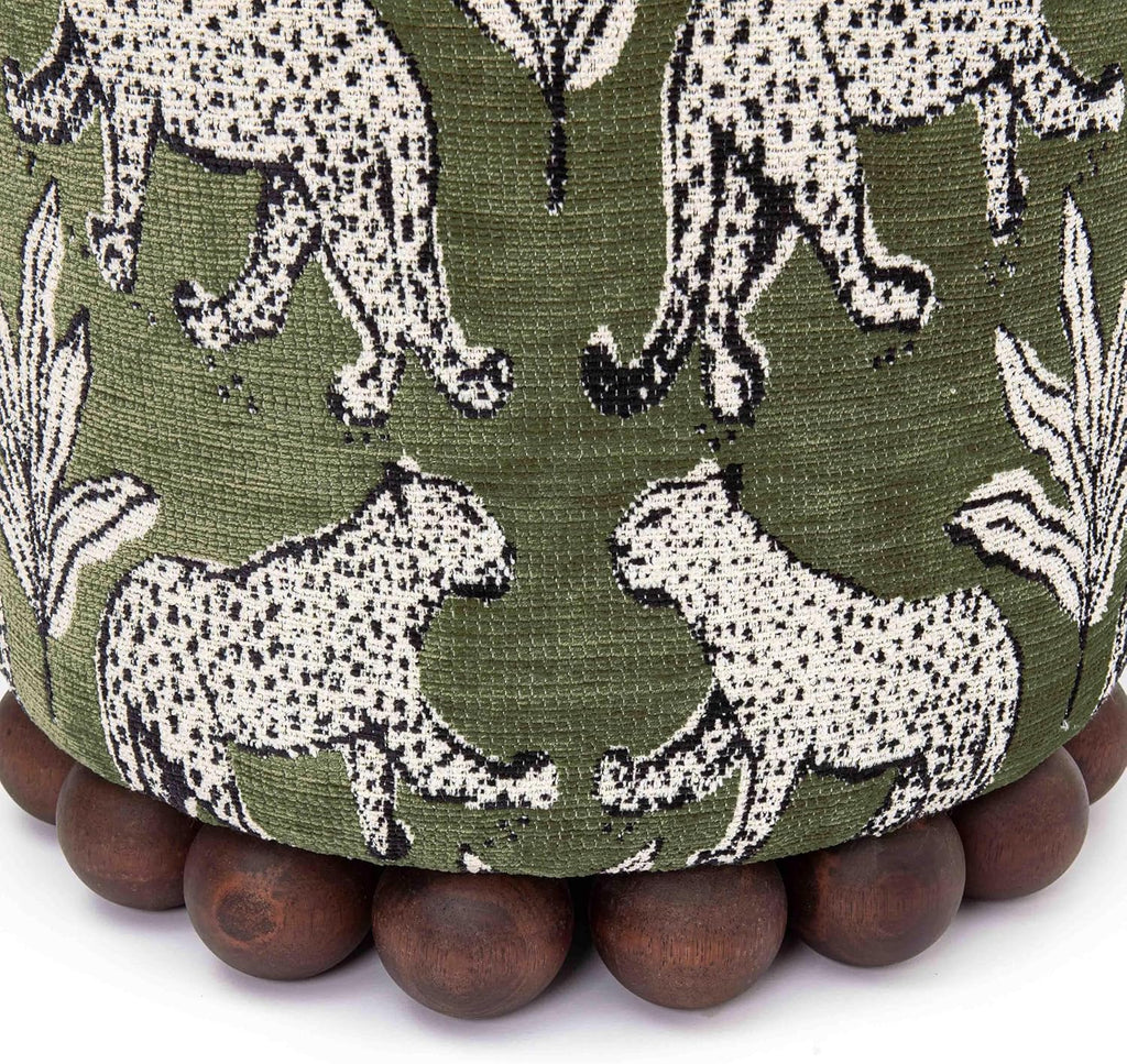 First of a Kind Ottoman Foot Rest - Olive Green Round Ottoman Stool with Solid Wood Spherical Orbs - 15.7" W x 15.7" D x 18.3" H - Handmade, Easy Clean, 330 lbs Weight Capacity
