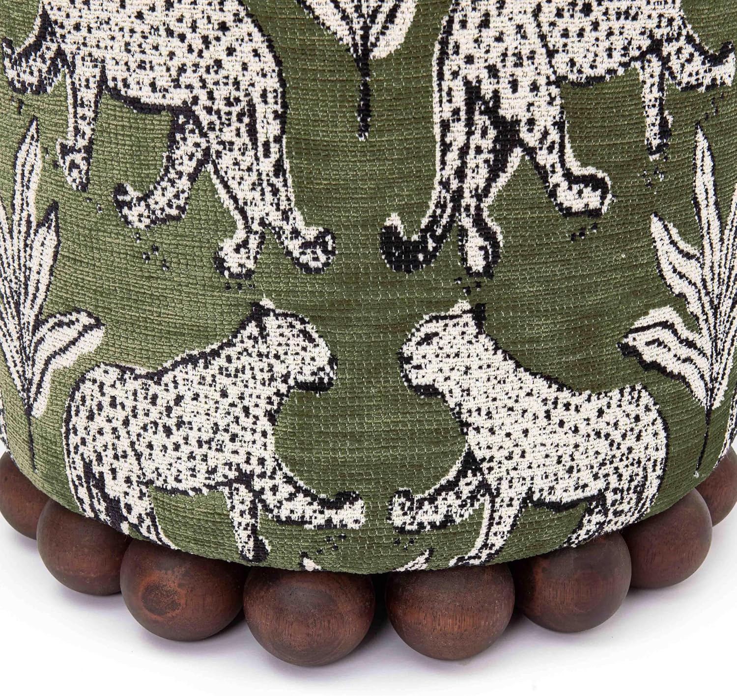 First of a Kind Ottoman Foot Rest - Olive Green Round Ottoman Stool with Solid Wood Spherical Orbs - 15.7" W x 15.7" D x 18.3" H - Handmade, Easy Clean, 330 lbs Weight Capacity