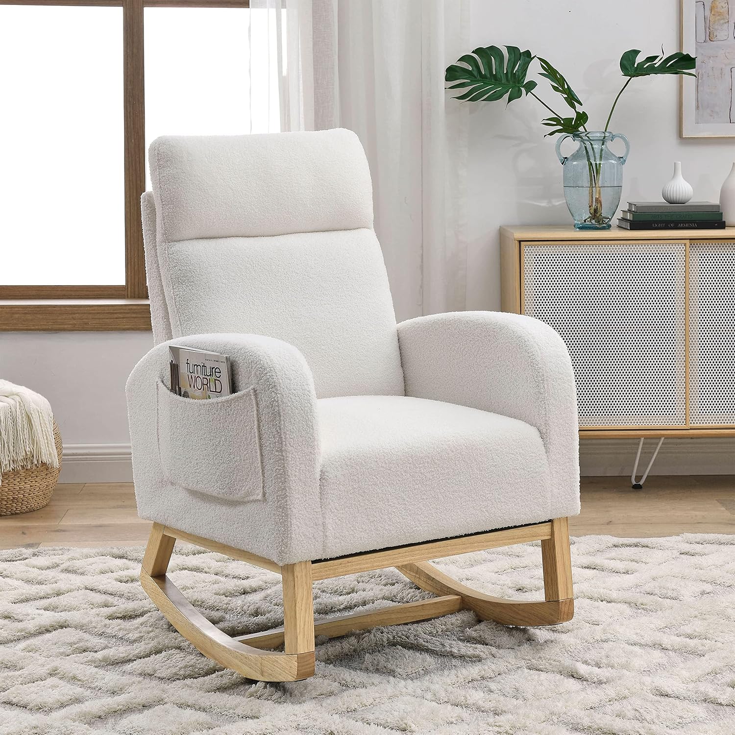 Dolonm Rocking Chair Mid-Century Modern Nursery Rocking Armchair Upholstered Tall Back Accent Glider Rocker for Living Room (White,Teddy)