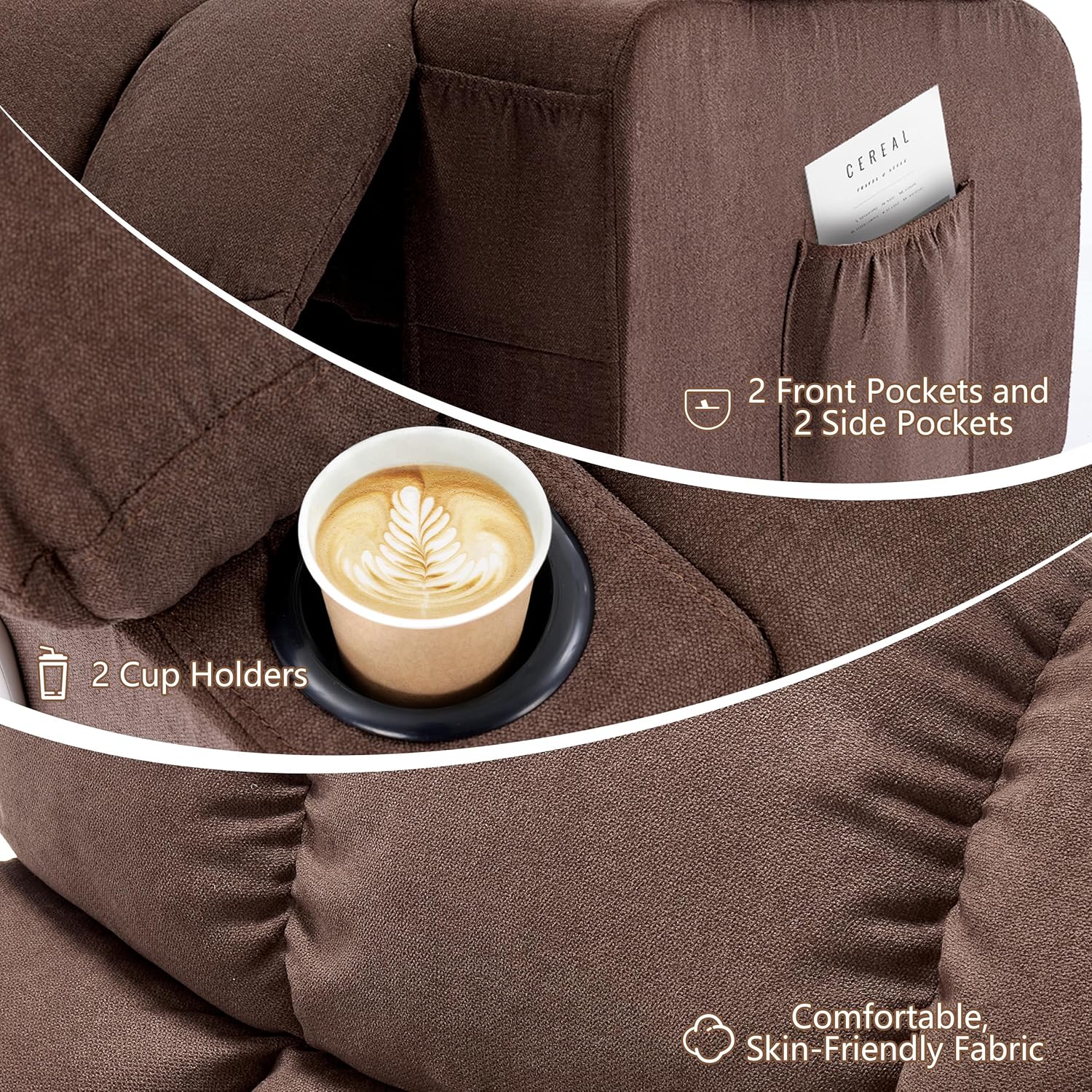 Massage Rocking Recliner Chair, Ergonomic Recliners Sofa with Vibration Massage & Heat, Rocking Chair Nursery Chair for Living Room Lounge with 4 Pockets, 2 Cup Holders, USB Charge Port, Brown