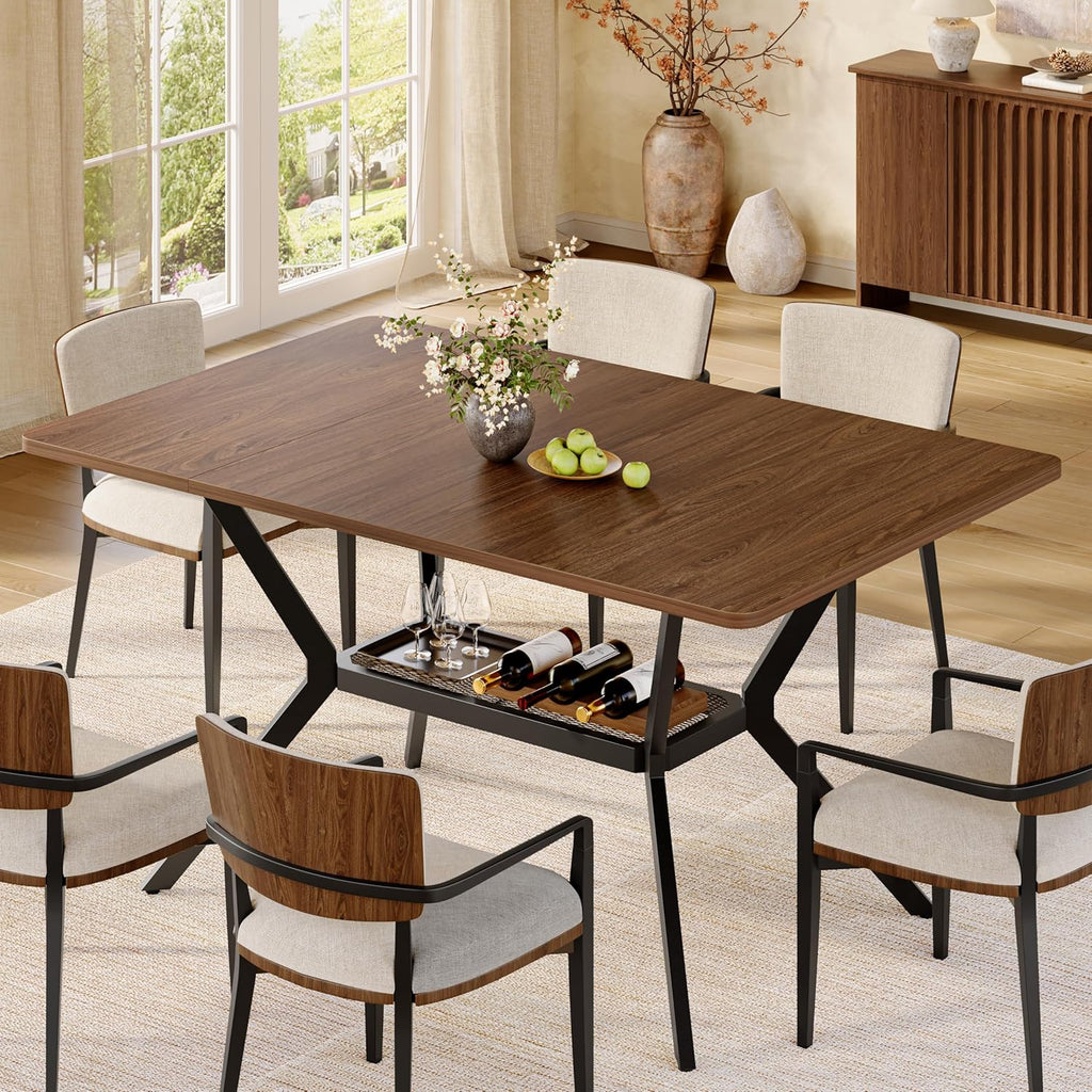 55 inch Dining Table for 4-6, Rectangle Kitchen Table with Storage Shelf, Space Saving Modern Farmhouse Design with Sturdy Metal Legs for Dining Room & Small Apartments