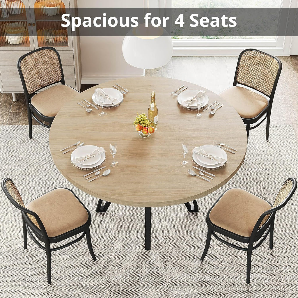 LIKIMIO 47.2" Round Dining Table for 4, Kitchen Table with Rattan Storage Shelf, Space Saving, Farmhouse Wood for Dining Room, Living Room,Natural