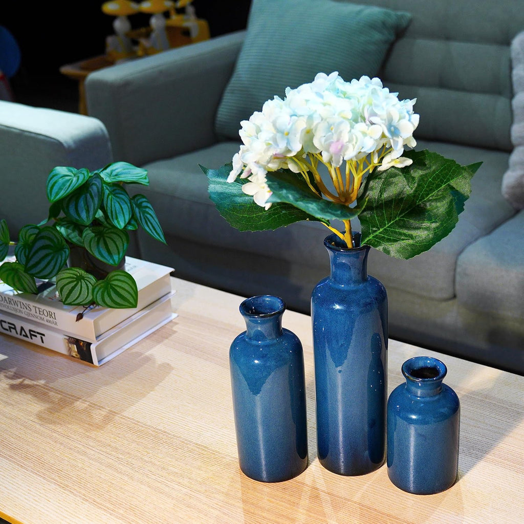 Ceramic Vase Set Home Decor - 3Pcs Modern Rustic Boho Geometric Blue Flowers Vase Decoration, Shelf Decor, Farmhouse Living Room Decoration, Decorative Gift Cynkeyee