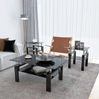 3 Piece Living Room Table Set, Glass Coffee Table and End Table Set of 3, Coffee Table Set with Tempered Glass & Metal Legs for Livingroom Table, Bedroom Nightstand. (Style 1, Black Glass+Black Leg)